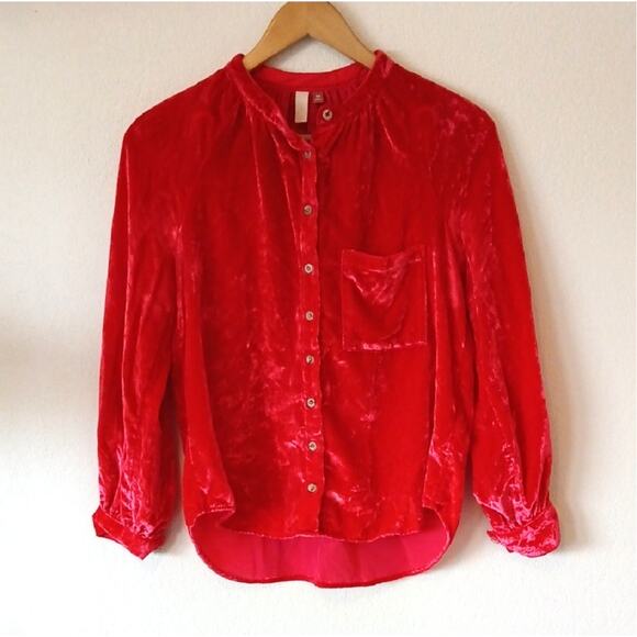 Pilcro Anthropologie Red Velvet Button Up Top XSP - Picture 1 of 5
